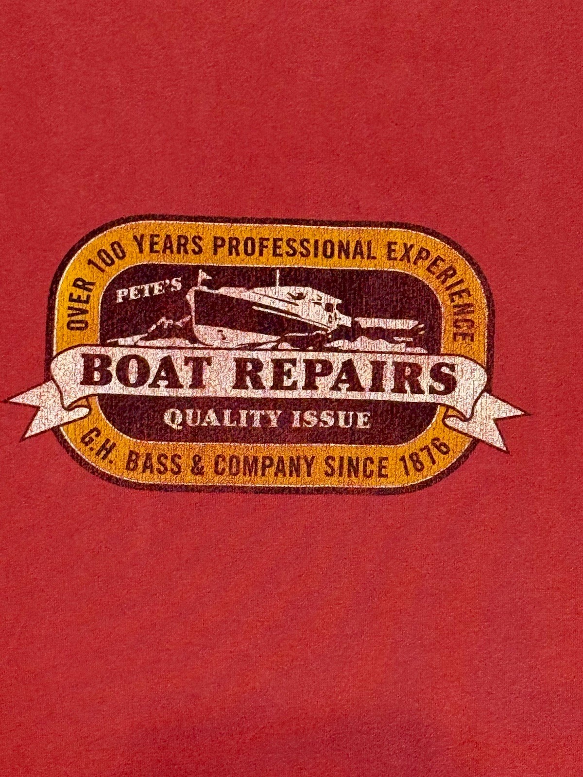 Vintage 90s Single Stitch GH Bass Boat Repairs Graphic Red T-Shirt Size M gallery