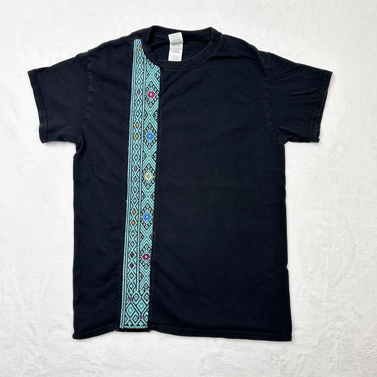 Black Embroidered Shirt Mens Small Artisanal Fiesta Black Blue Woven Stripe gallery