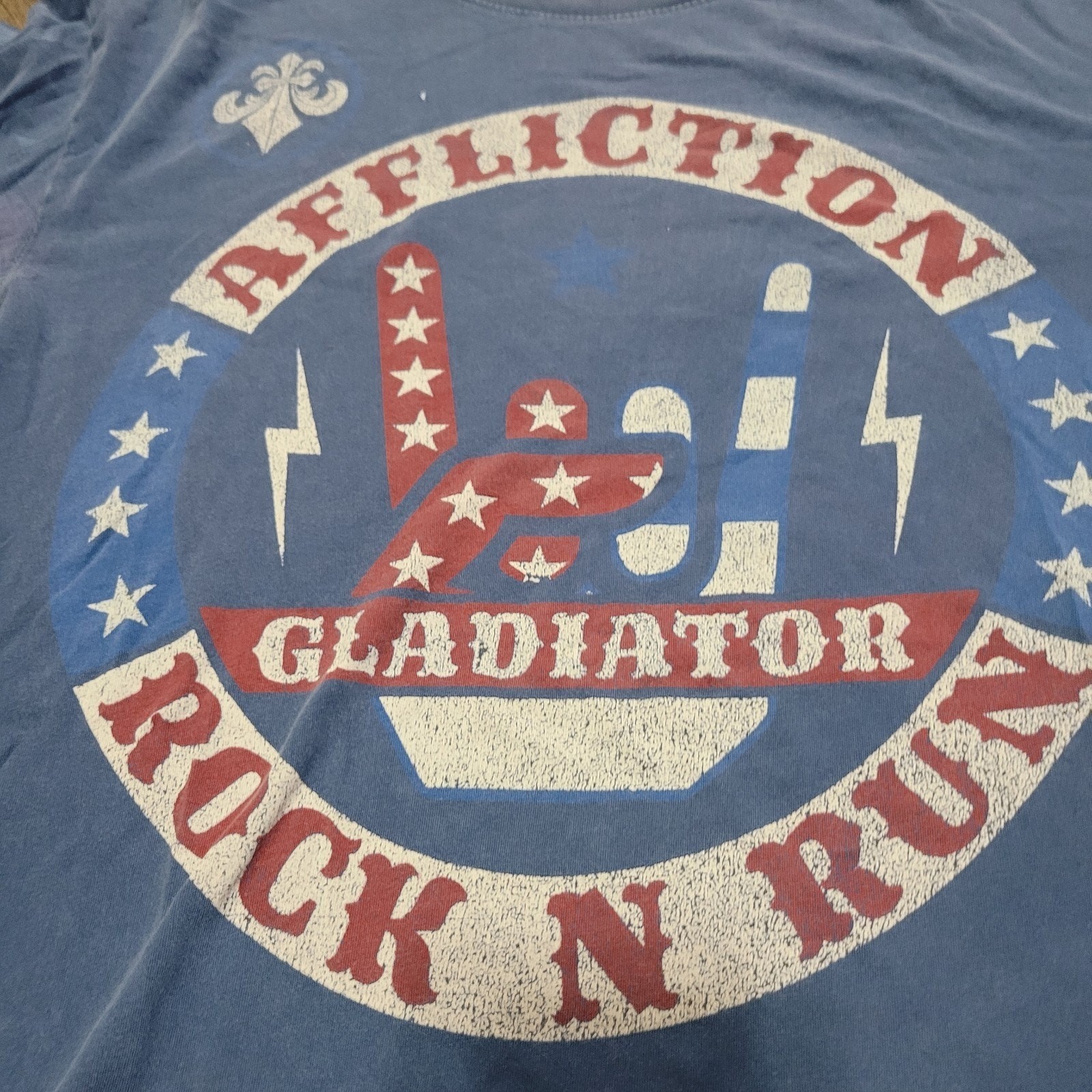 Affliction Live Fast Rock N Run Gladiator Blue T Shirt Men’s Size Large (Faded) gallery