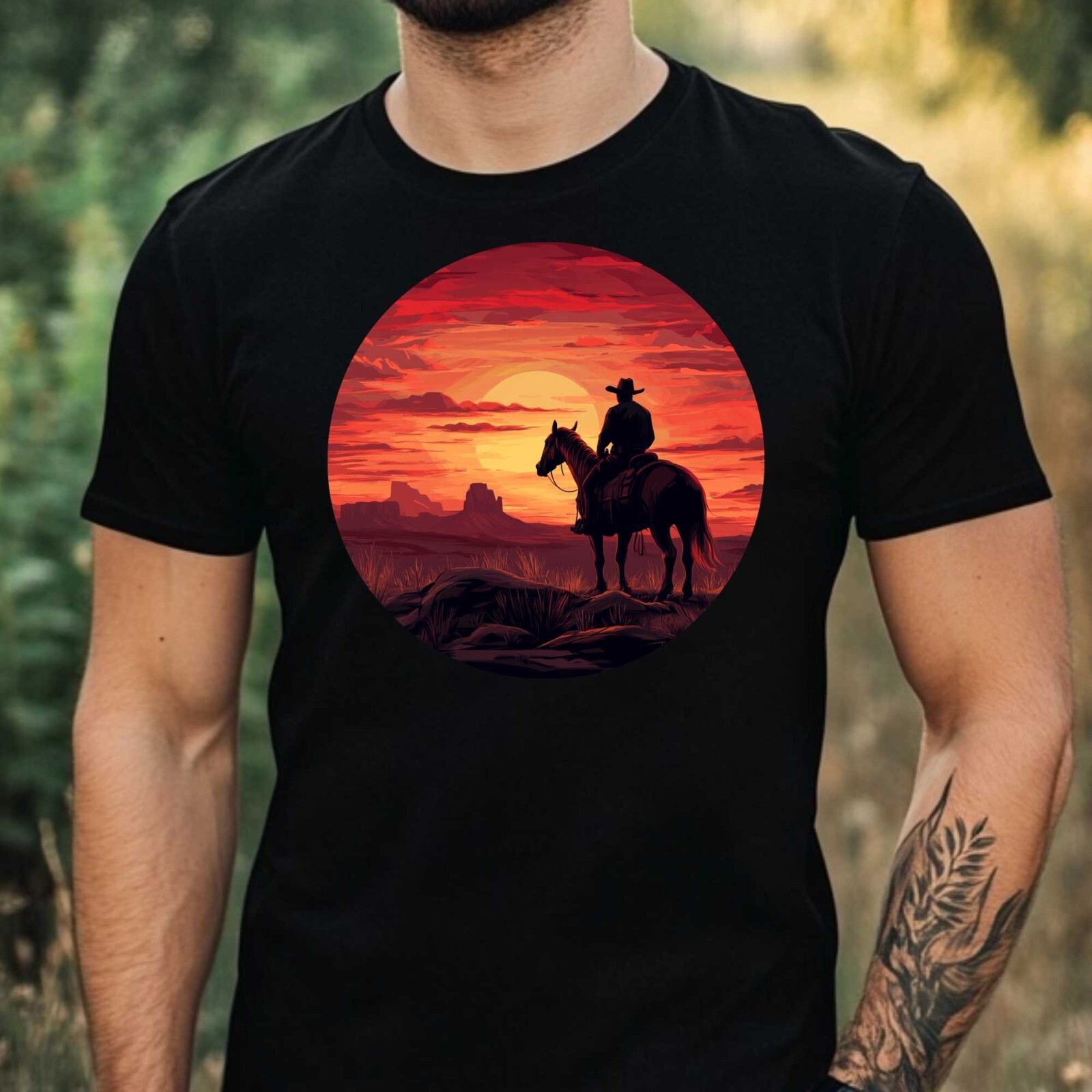 Mens Cowboy Sunset Motif Cotton T-Shirt Size XS to 5XL gallery