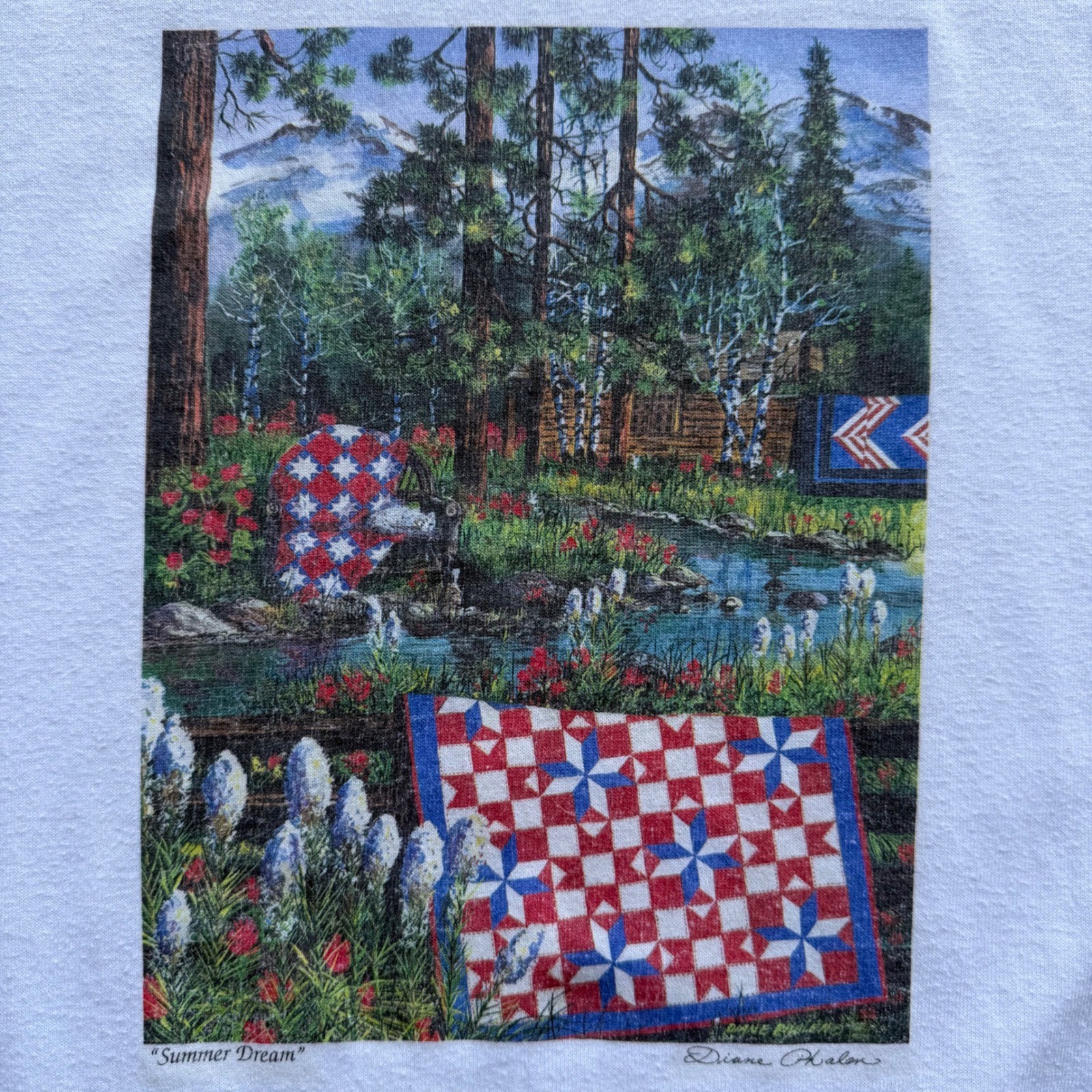 Vintage Jerzees Summer Dream Quilt Art Nature Tee White Diane Phalon Mens Medium gallery