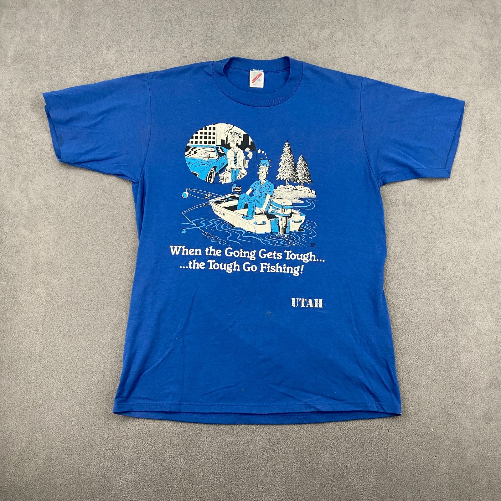 Vintage Jerzees T Shirt Mens XL Blue Fisherman Cartoon When the Going Gets Tough gallery