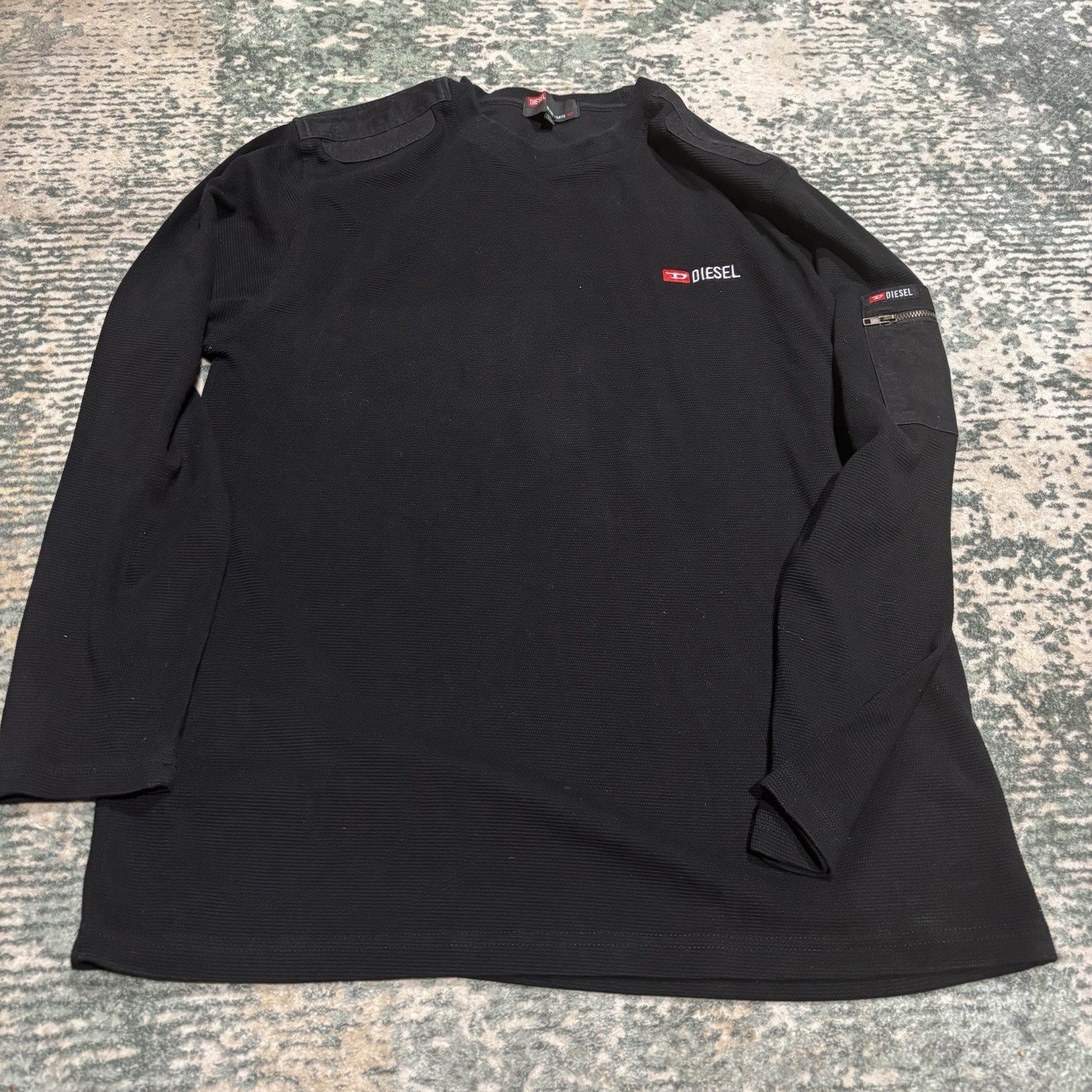 Diesel Mens Long Sleeve Shirt Large Black Micro Waffle Knit Utility Pocket XL