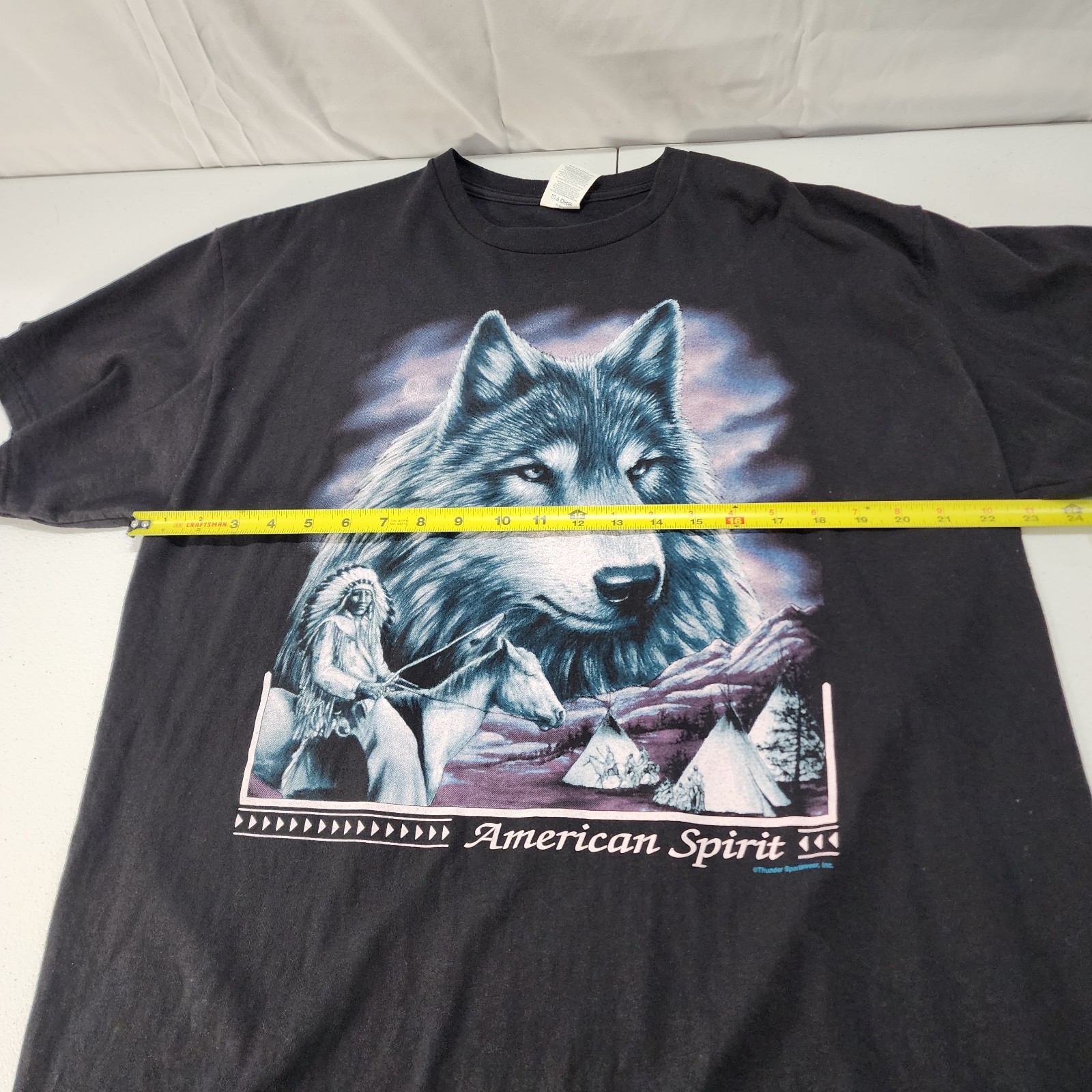 Men Vtg Delta Pro W American Spirit Wolf Black Short Sleeve Graphic Tee Size XL gallery