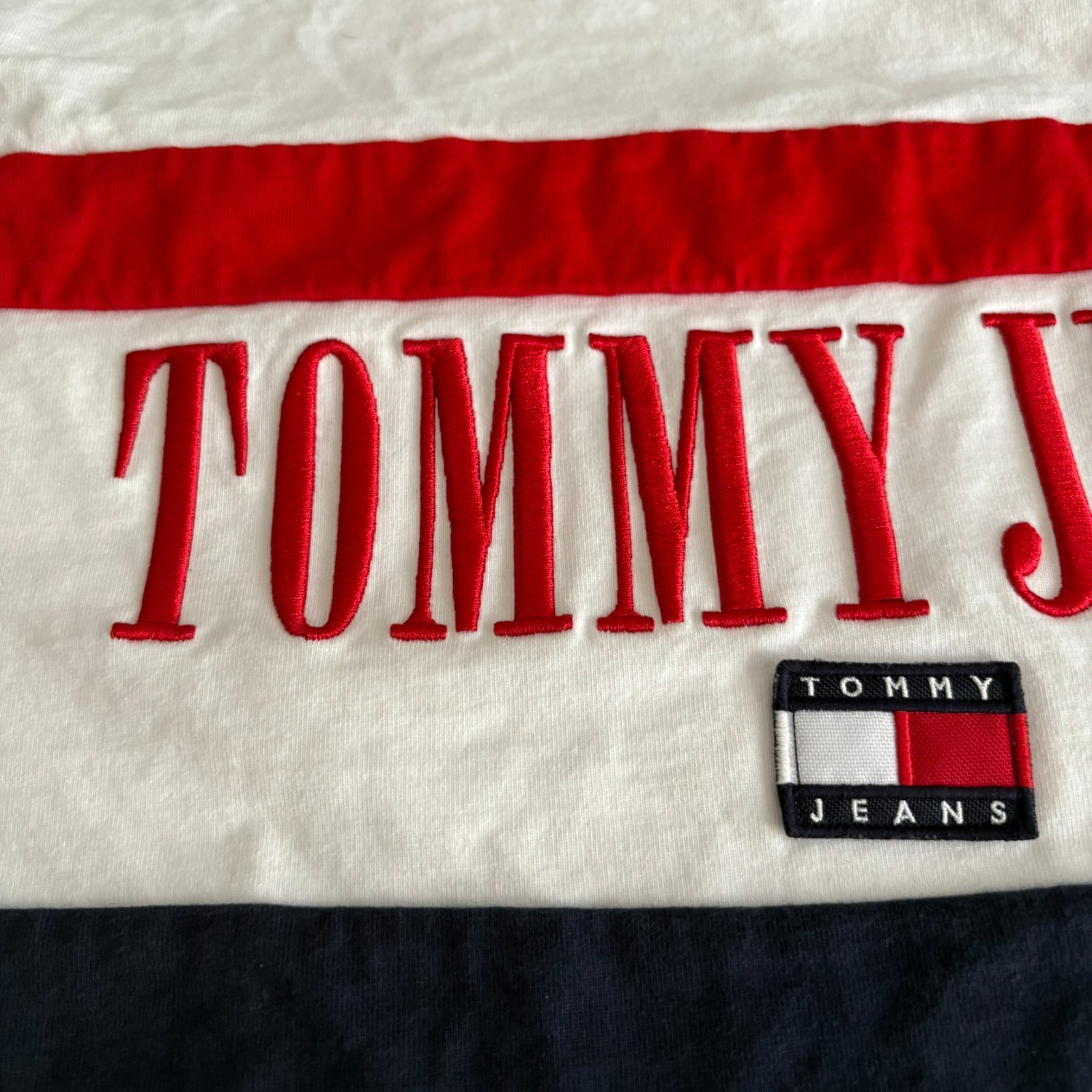 Tommy Jeans Oversized Fit Color Block T-Shirt L Flag Logo Embroidered VTG 90 80 gallery