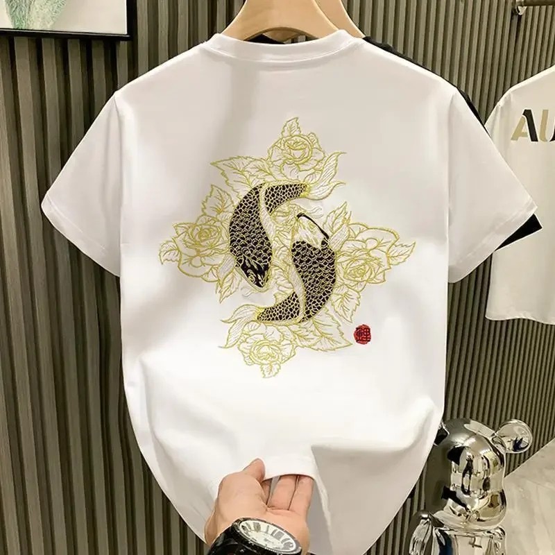 Men's Luxury Koi Fish Embroidered Cotton T-Shirt Casual Short Sleeve Slim Fit Te gallery