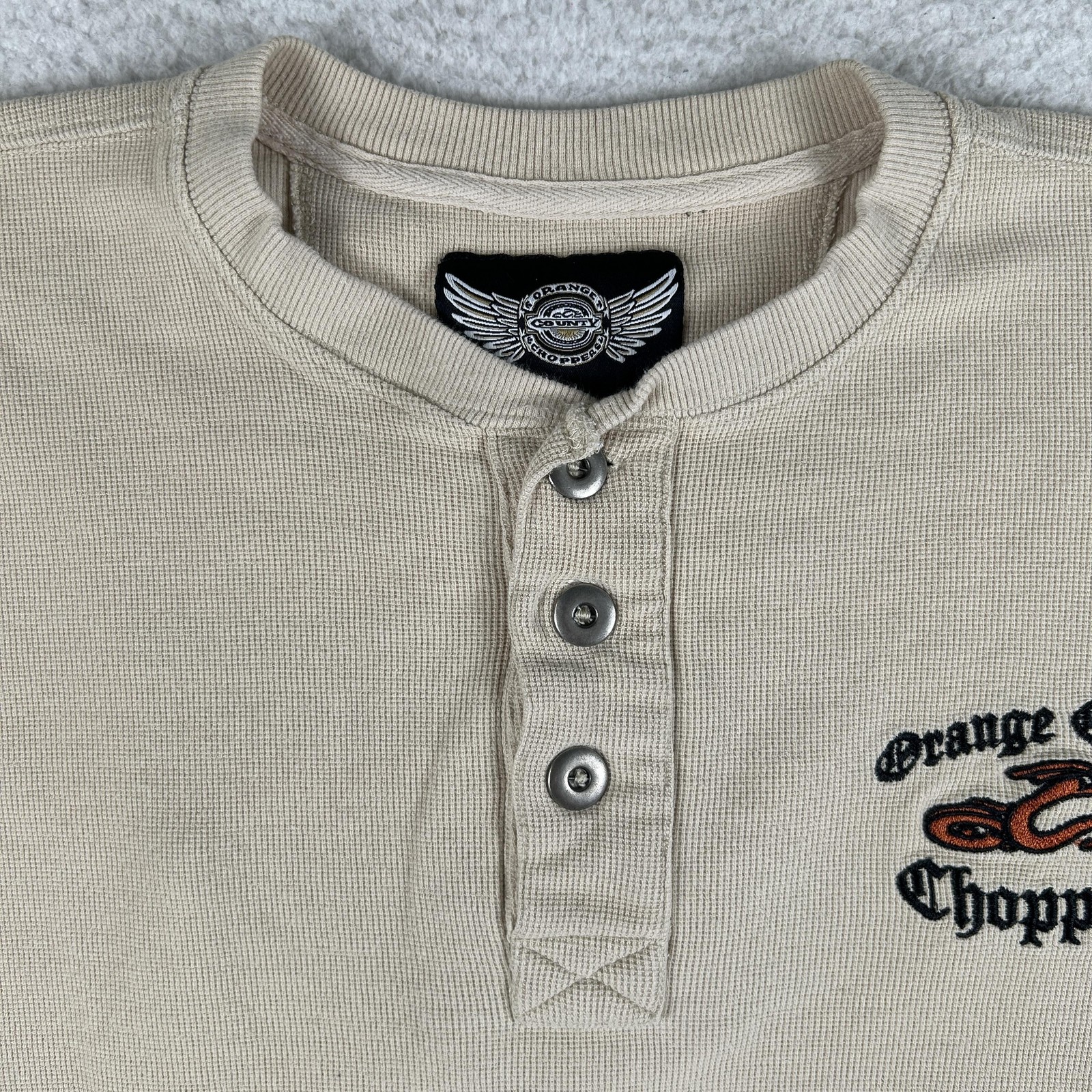 Orange County Choppers Shirt Mens Large Beige Thermal Henley Waffle Biker Logo gallery