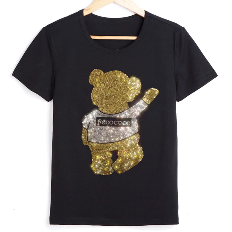 New Fashion Diamond Rhinestones Bear Short Sleeve Luxury Men Black T-Shirt gallery