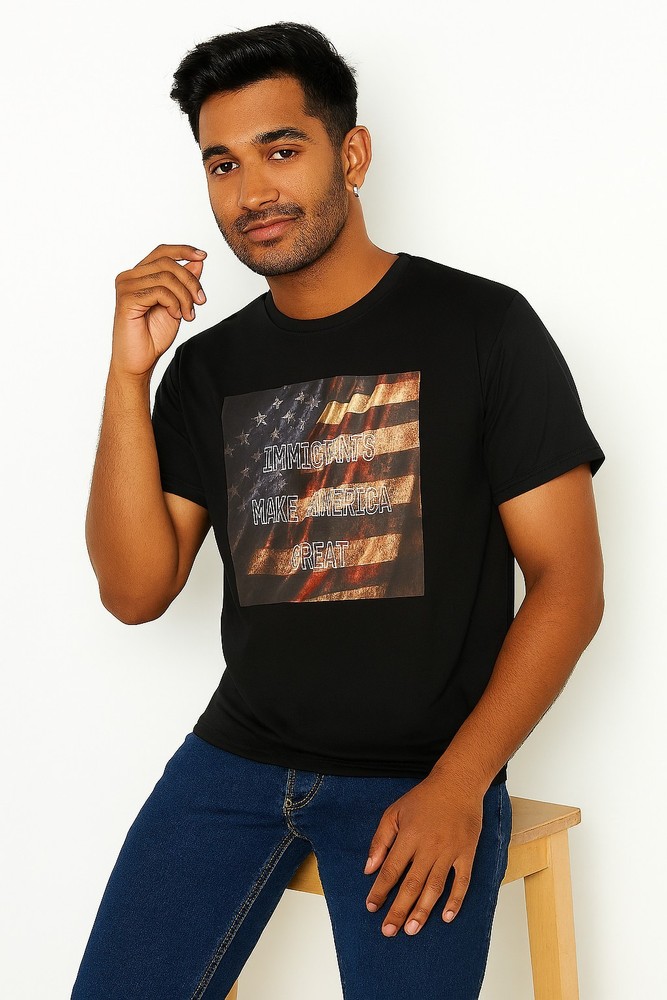 Black IMAG Printed, L lightweight jersey fabric comprising 100% cotton.