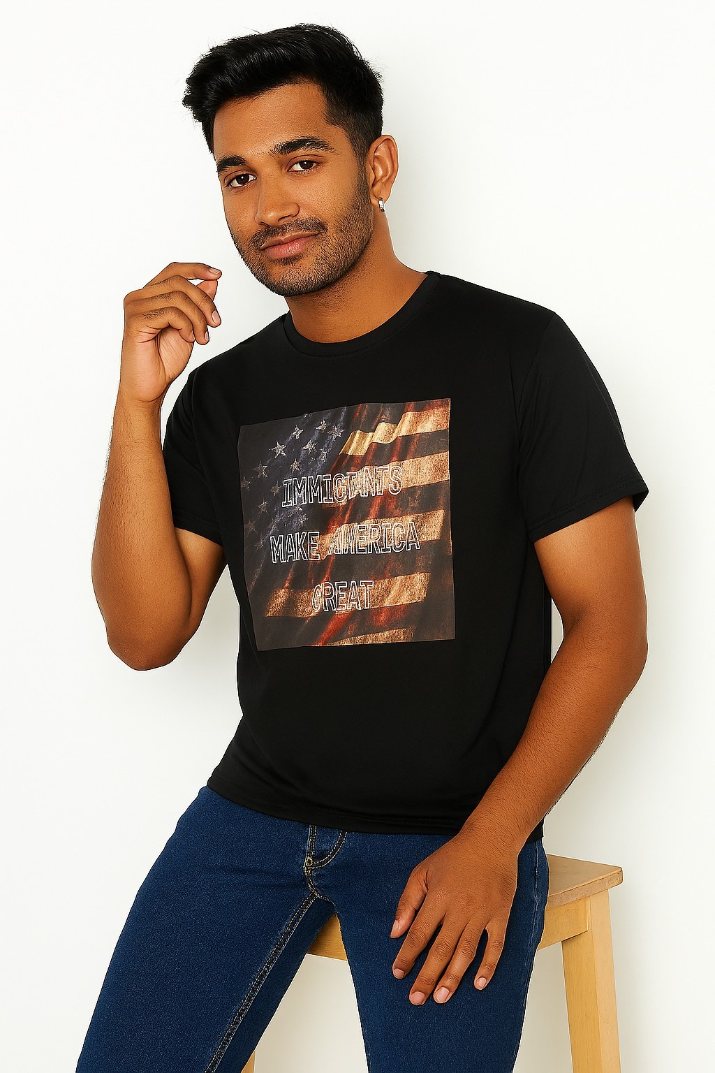 Black IMAG Printed, L lightweight jersey fabric comprising 100% cotton.