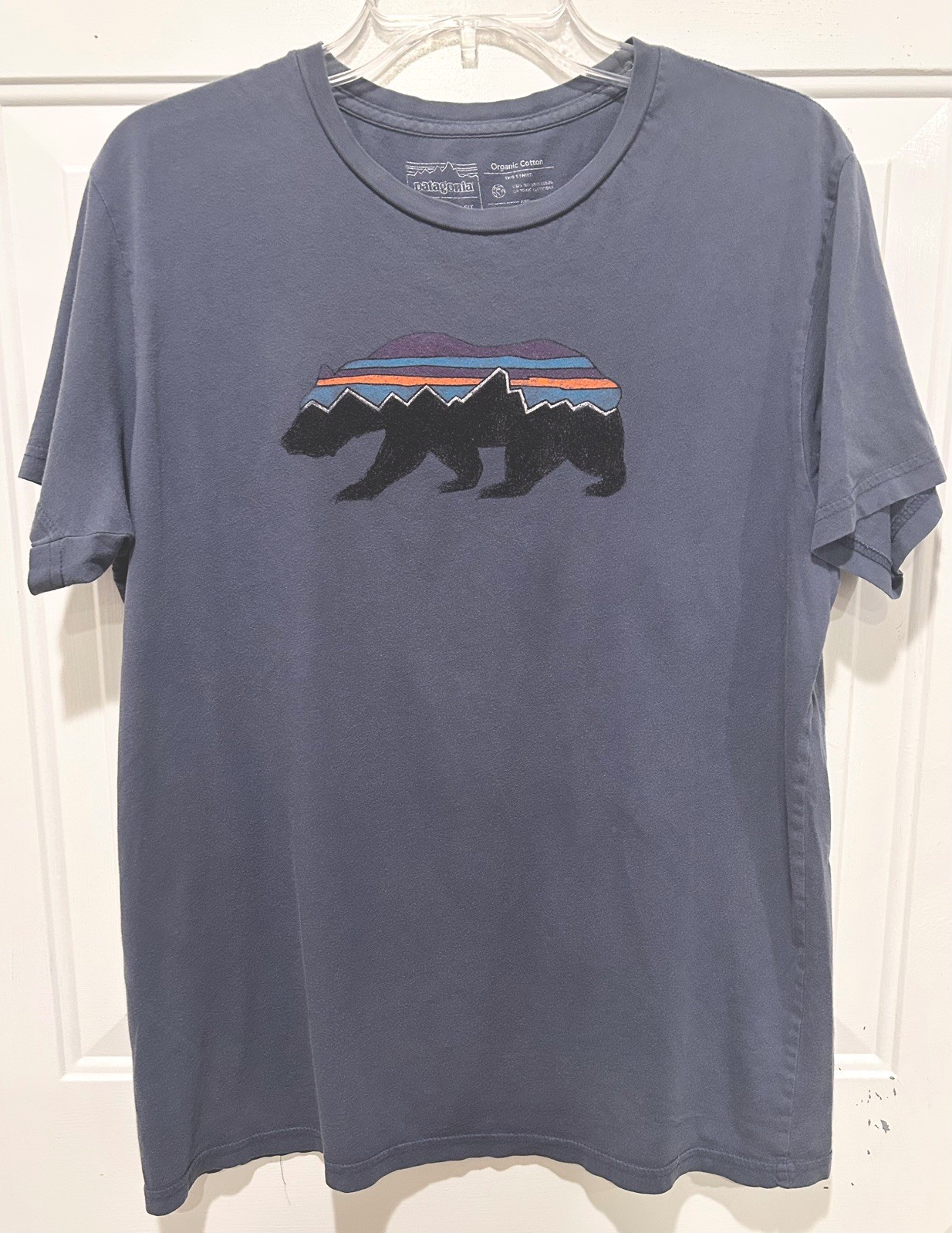 Patagonia Shirt Mens Large Blue Crew Short Sleeve Slim Fit Fitz Roy Bear Organic