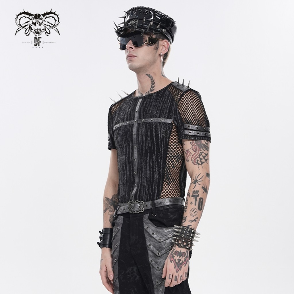 Devil Fashion Men Black Gothic Punk Spiked Mesh Splice T-Shirt Short Sleeve Tee gallery