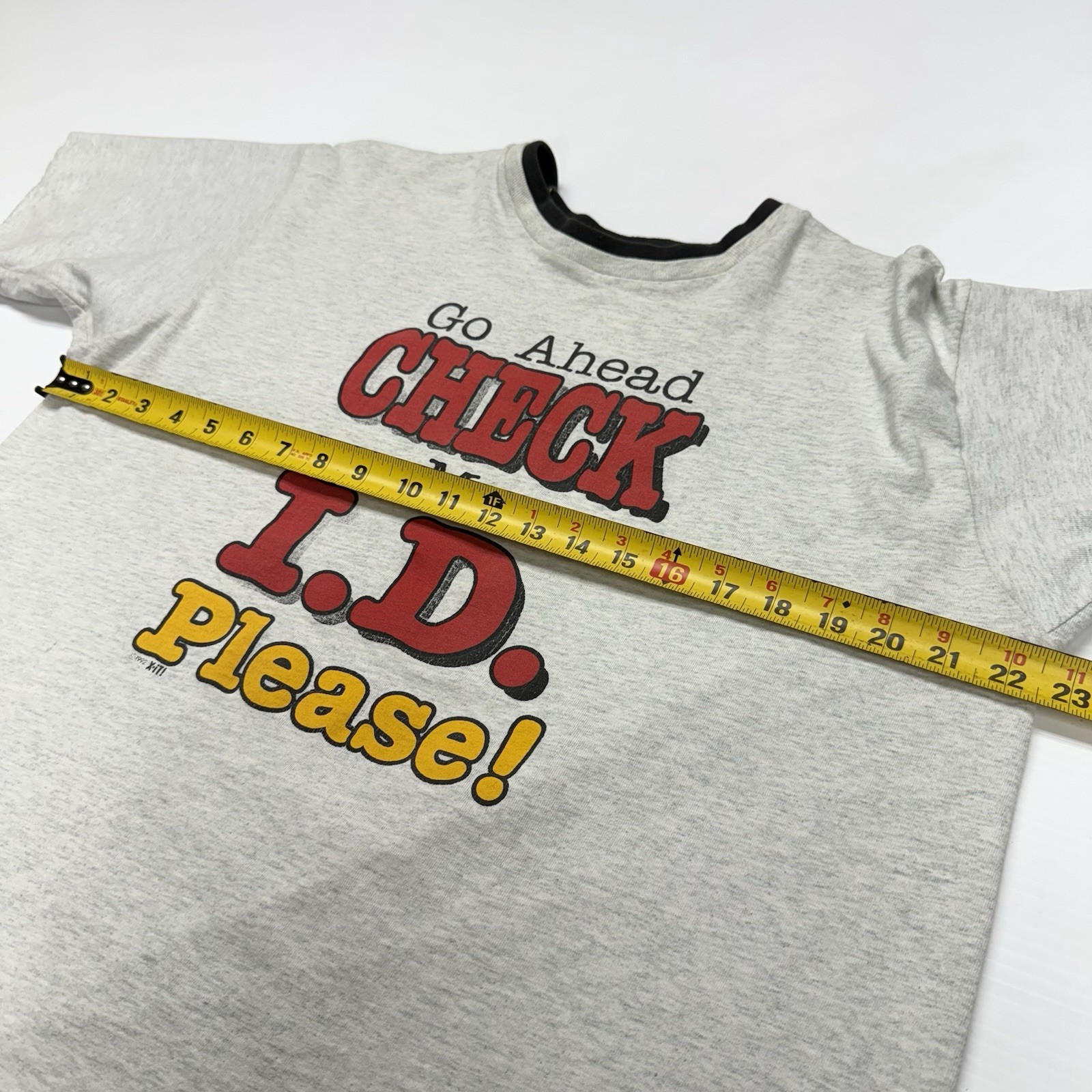Vtg Funny Mens Shirt L 1992 Check my ID Age Joke Double Neck Gray Graphic USA gallery
