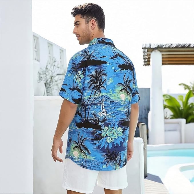 Mens Hawaiian Shirt Tropical Floral Short Sleeve Summer Beach Button Down gallery