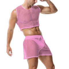 Men 2 Piece Set Fishnet Crop Tops Mesh See-Through Vests Undershirts With Shorts