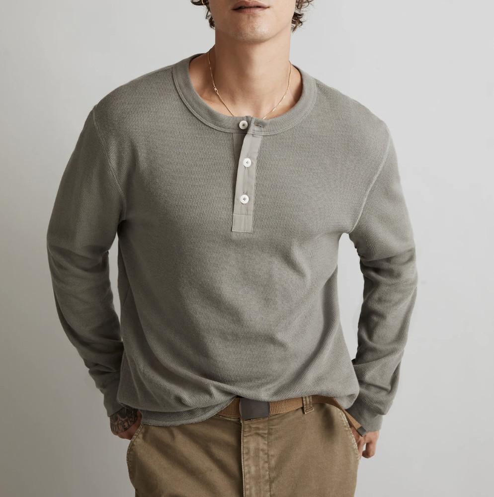 Madewell Men’s Light Spruce Cotton Long-Sleeve Thermal Henley Tee Sz XL