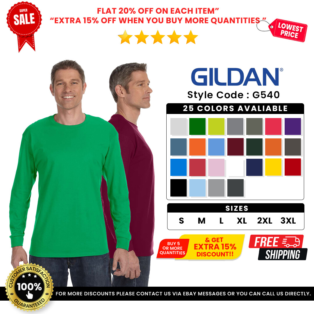 Gildan G540 Men’s Heavy Cotton Preshrunk T Shirt Long Sleeve Crew Neck T-Shirt
