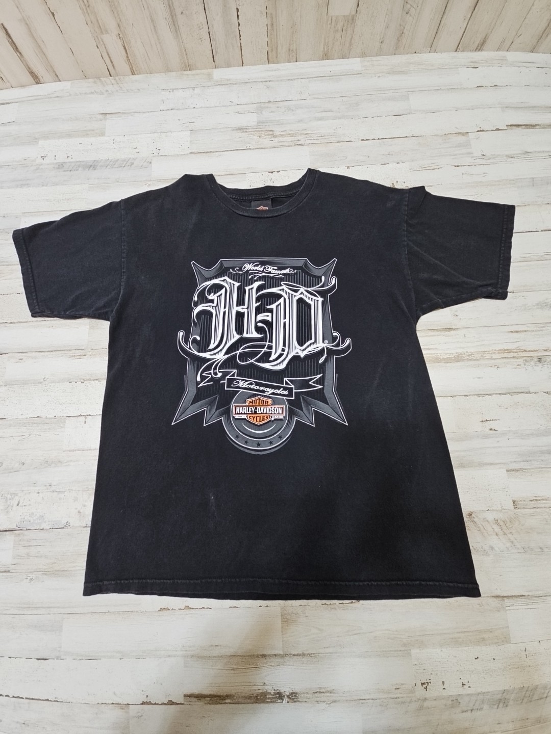 Harley Davidson Old english T-shirt World Famous Sz Large Biker Victoria Texas gallery