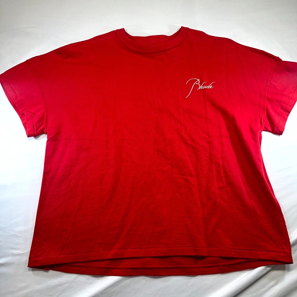 Rhude Reverse Tee Shirt Mens Extra Small Red Crew Neck Embroidered Logo Cotton