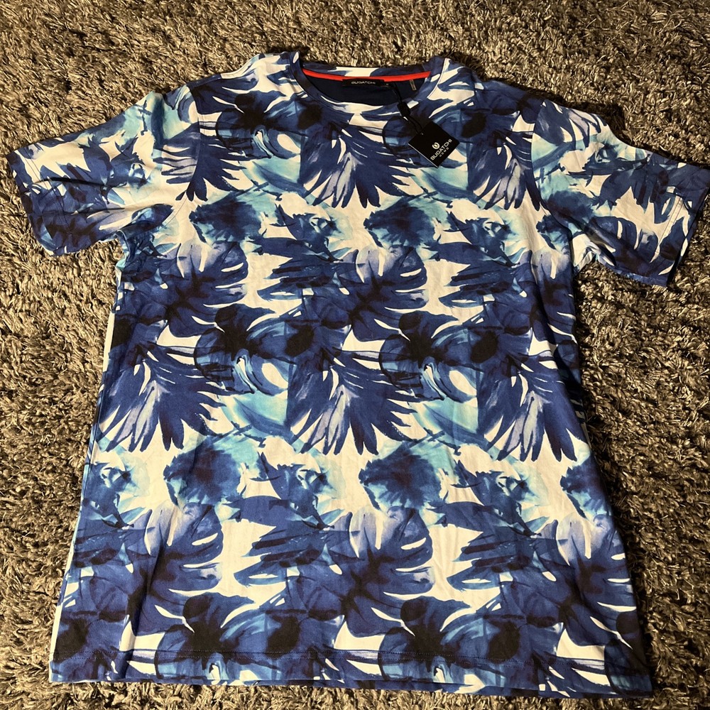 NWT Bugatchi Uomo Blue Palms All Over Print T-Shirt Mens XL Crew Neck AOP
