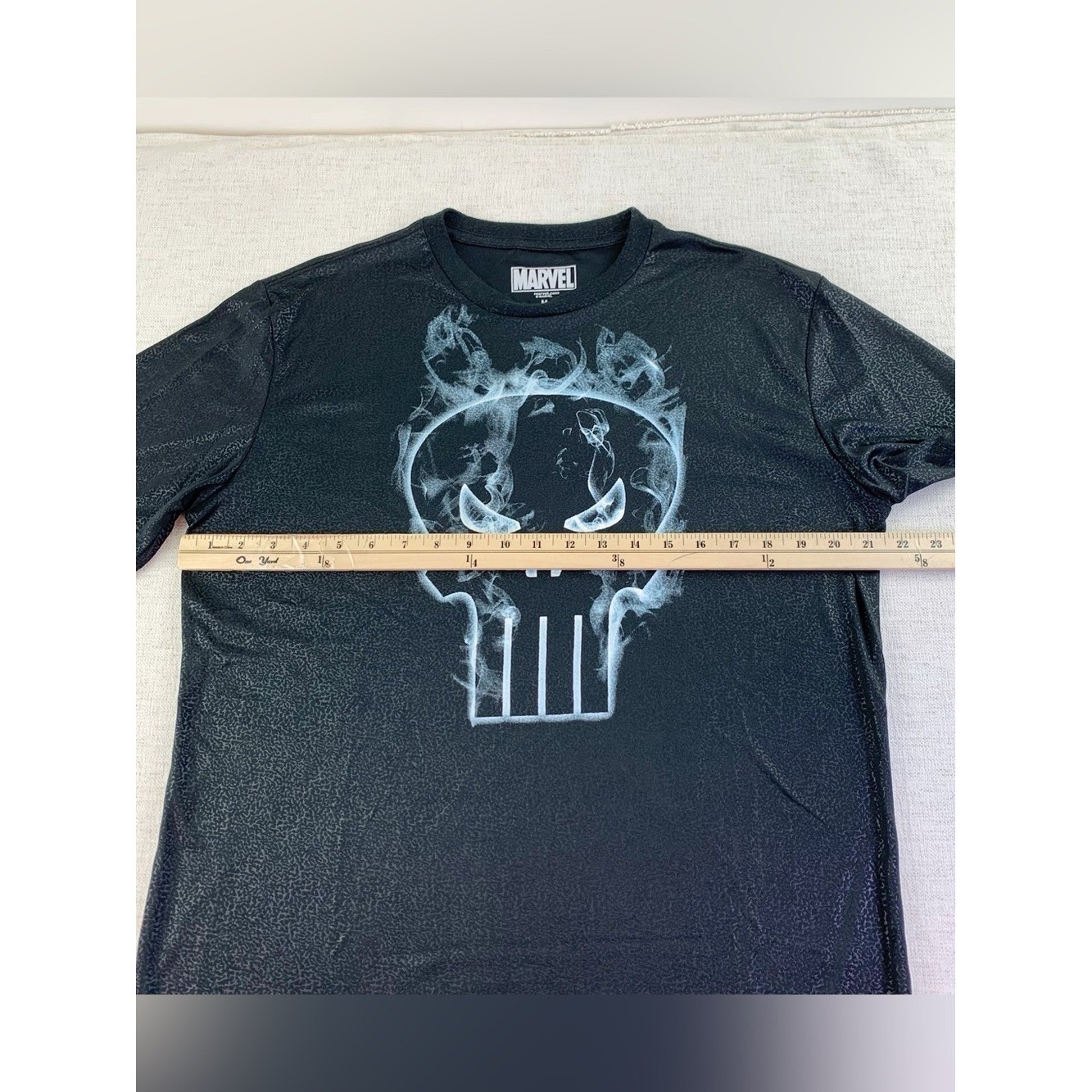 Marvel Black Short Sleeve Tee with Smoky Punisher Skull shiny textured fabric gallery