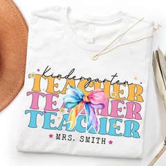 Personalized Kindergarten Teacher Shirt Custom Name Bow Back to School Gift Tee