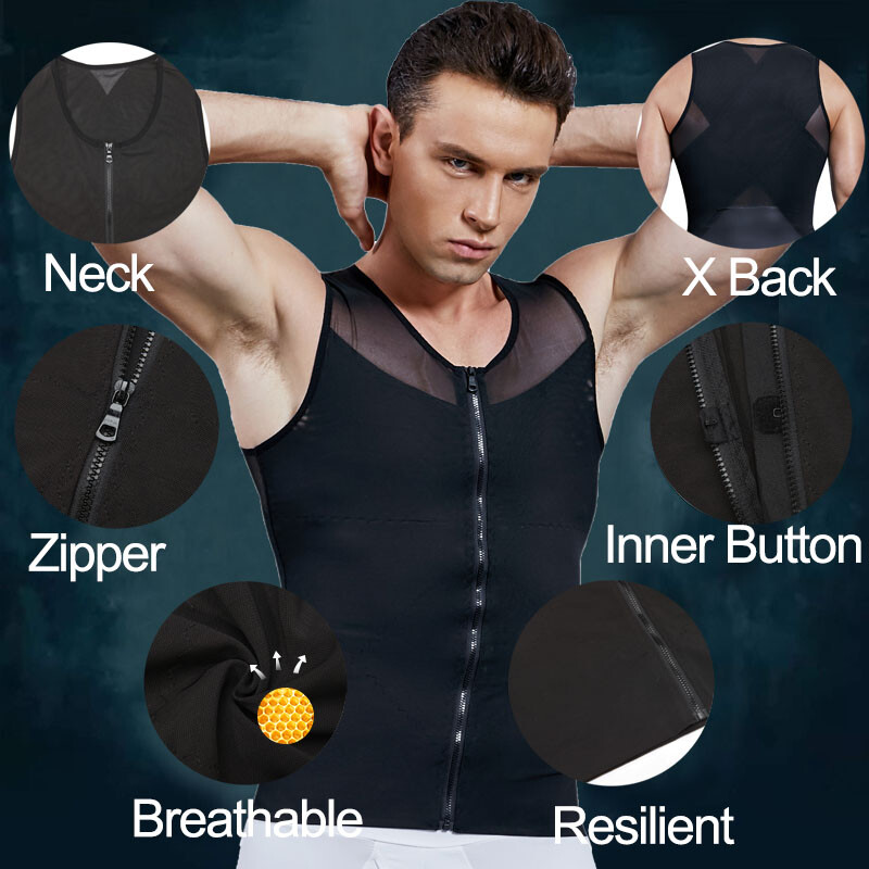 Men's Zipper Body Shaper Toning T-Shirt Ultra Durable Vest Compression Underwear gallery