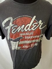 Fender Distressed Guitar Logo Graphic T-Shirt Retro Music Band Grey Large A283
