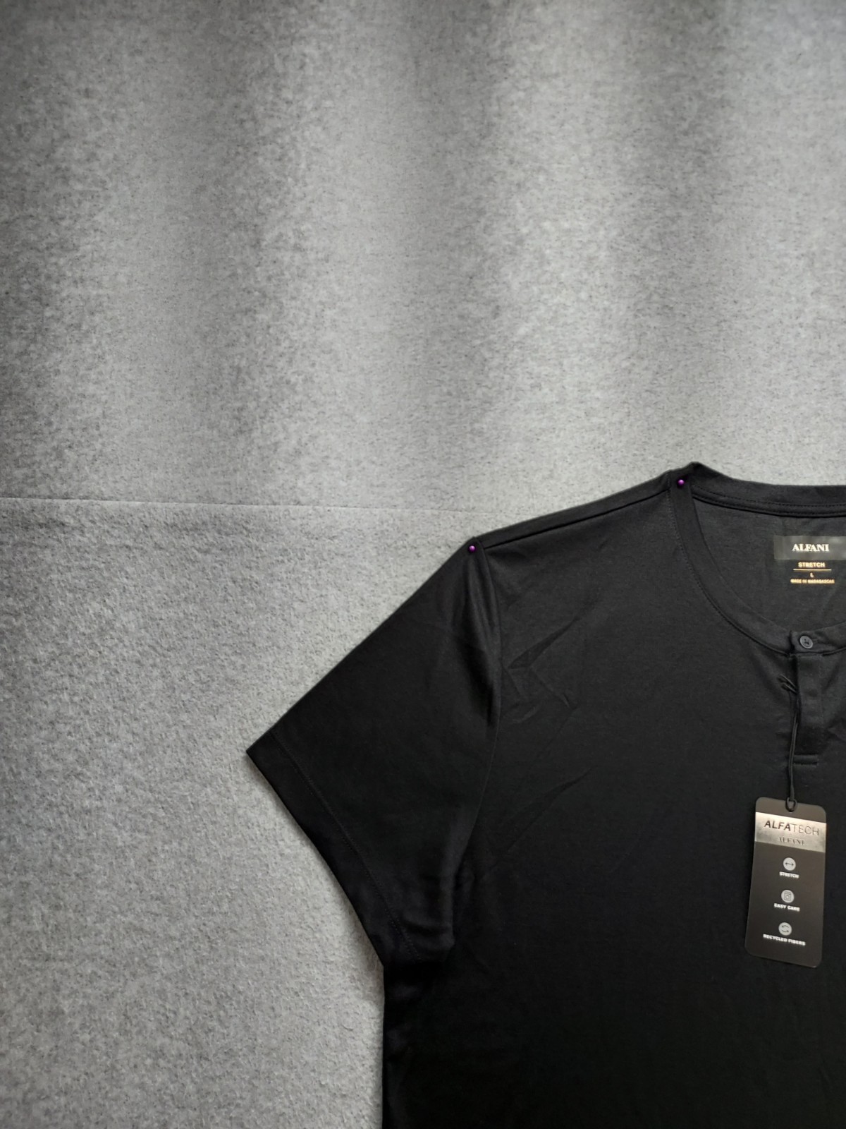 Alfani Men T Shirt L Black Henley Neck Short Sleeve Stretch Pullover Casual Tee gallery