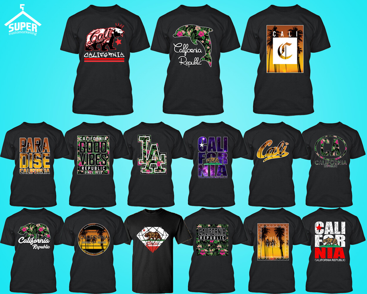 CALIFORNIA TSHIRTS Man UNISEX Cali Life Shirt MULTI DESIGNS California Republic