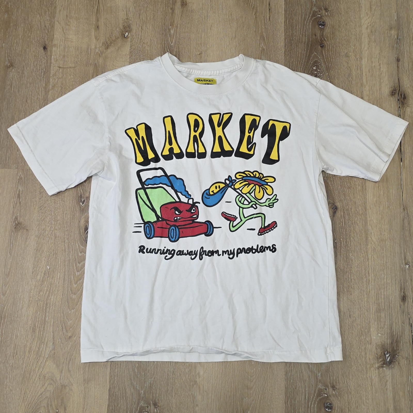 Market Shirt Men's Size L White Running Away From My Problems Graphic Smiley gallery