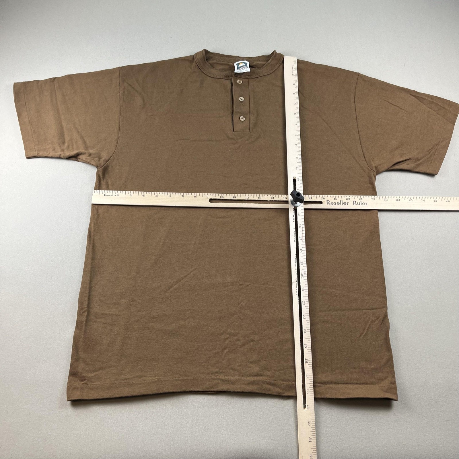 Vintage Brown T-Shirt Henley Mens Large Brown Blank Single Stitch Cotton USA 90s gallery