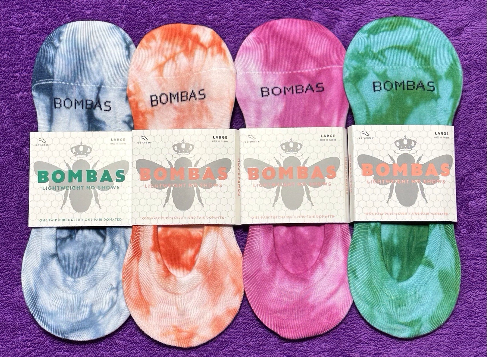 Bombas Unisex Lightweight Tie Dye No Show Multicolor Socks 4-Pack Size Large