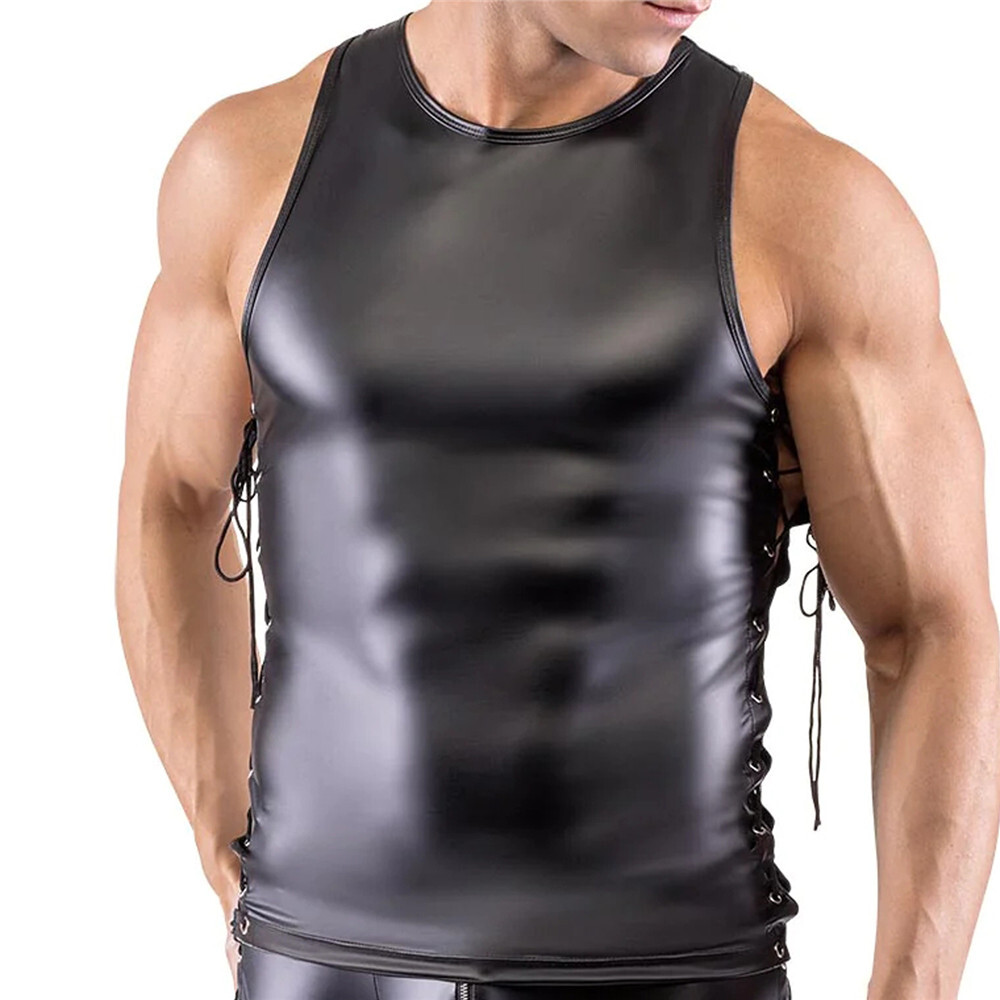 Men's PVC Leather Sleeveless T-shirts Vests Tops Lace-up Zipper Shorts Clubwear gallery