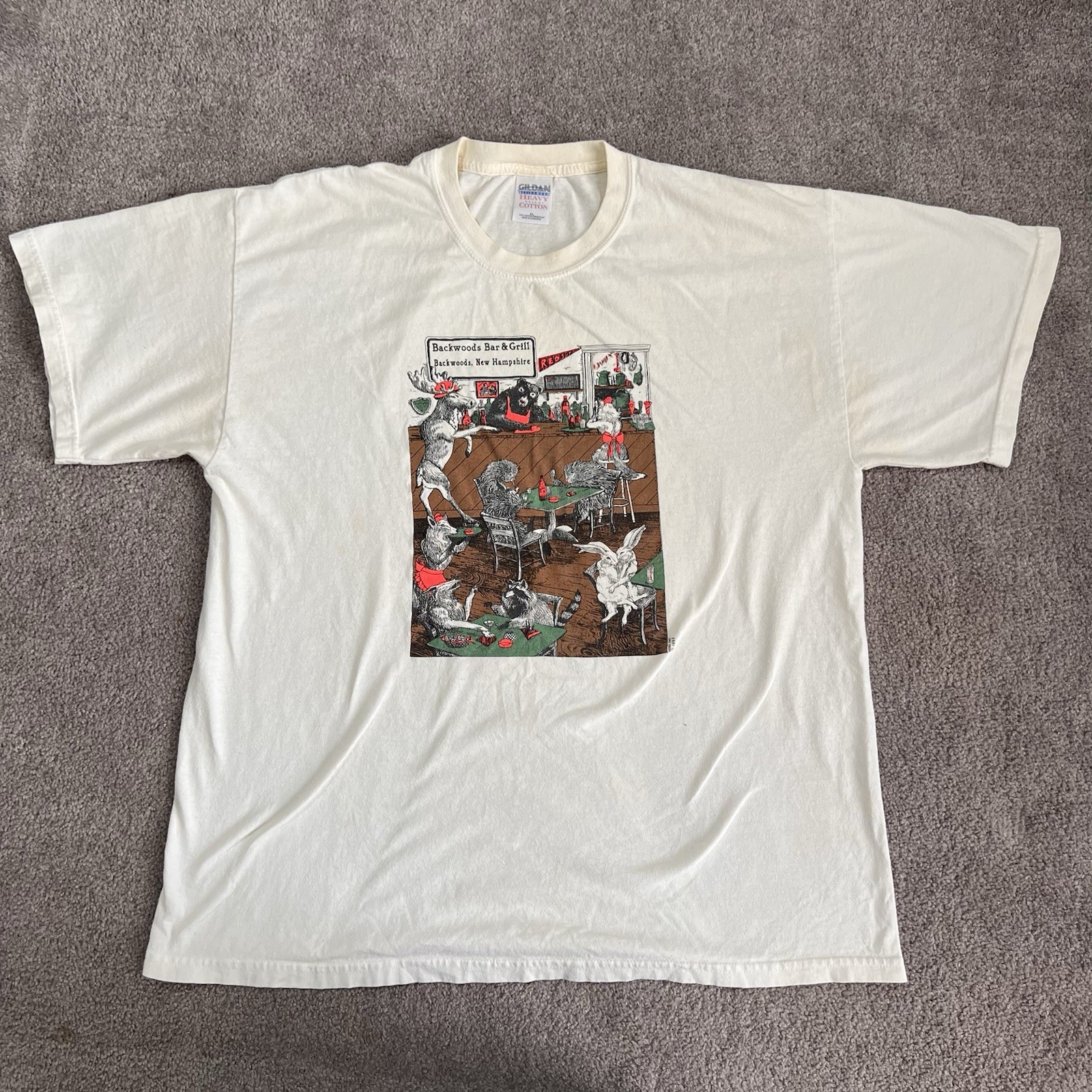 Vintage 1993 Backwoods Bar & Grill Graphic T-Shirt Mens Xl White Animals Beer gallery