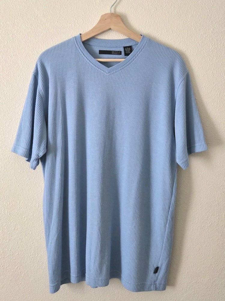 POINT X Light Blue Ribbed Casual Shirt Large Shirt Sleeve V-Neck T-Shirt