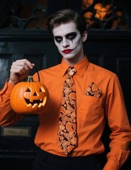 Fashonal Halloween Shirt Men, Men’s Dress Shirt and Tie Set Party Festival