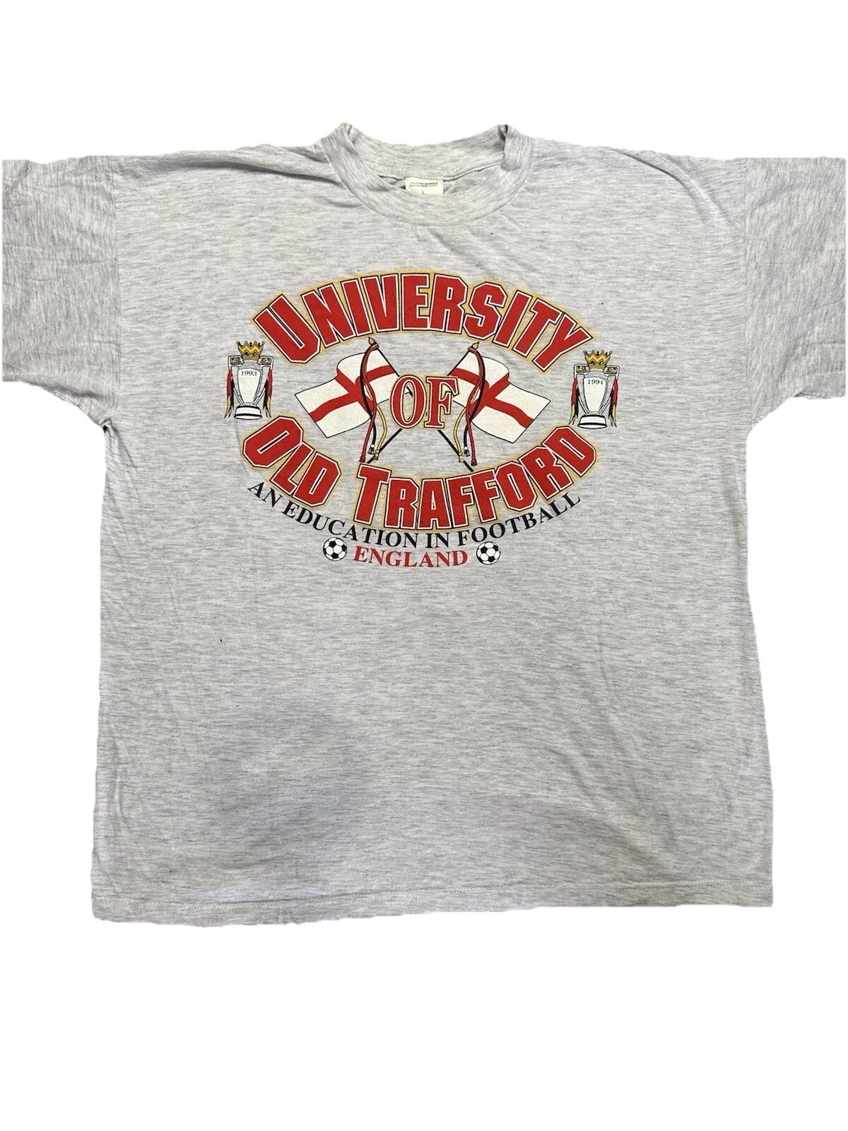 Vintage Old Trafford University T Shirt Double Sided EPL Manchester Unique