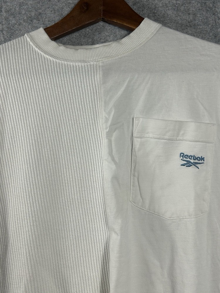 Vintage Reebok Split Fabric Pocket T-Shirt White Ribbed XL Embroidered Logo Tee