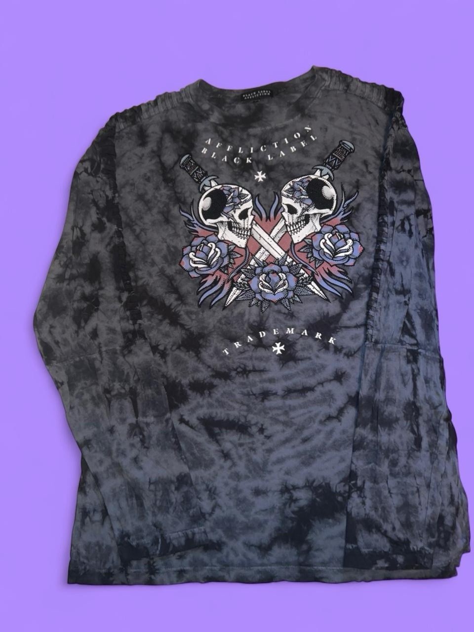 Black label Affliction long sleeve shirt swords skulls graphic stripe detail Y2K