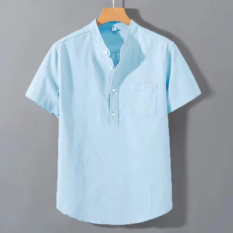 Men’s Breathable Cotton Stand Collar T-Shirt Summer Casual Pocket Top Tee Gift gallery
