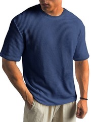 Mens Summer T Shirt Casual Ribbed Crew Neck Short Sleeve Solid Color Tee Top
