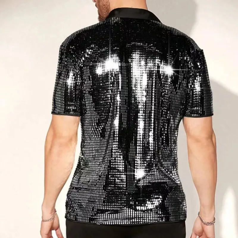 Men's Silver Metallic Sequins Glitter Shirt Summer Breathable Sparkling Short Sl gallery