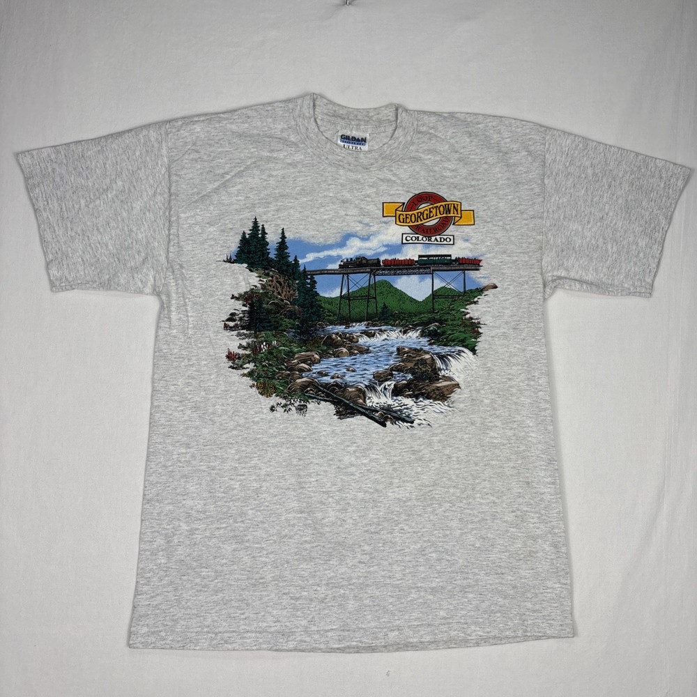 Vintage Steam Train Engine Shirt Men’s L Gray Georgetown Colorado Fall River 90s