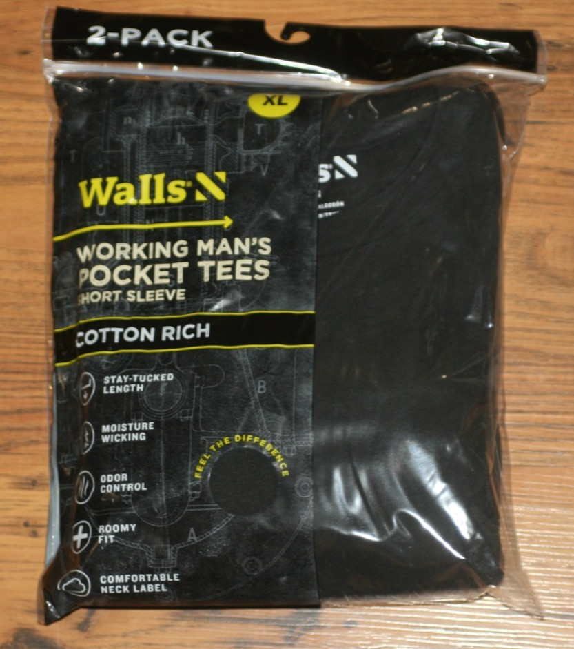 NIP Walls Working Man’s Pocket Tees S/S Cotton Rich – XL – Black – 2 Pack