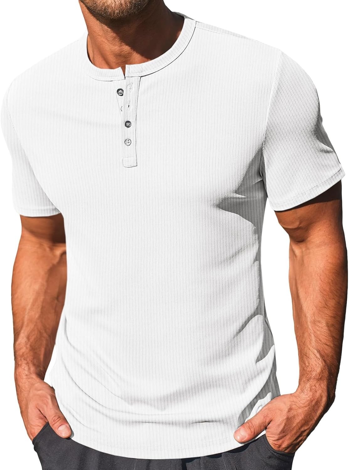 Men's Henley Shirt Short Sleeve Casual Ribbed Knitted Summer T-Shirt XL gallery