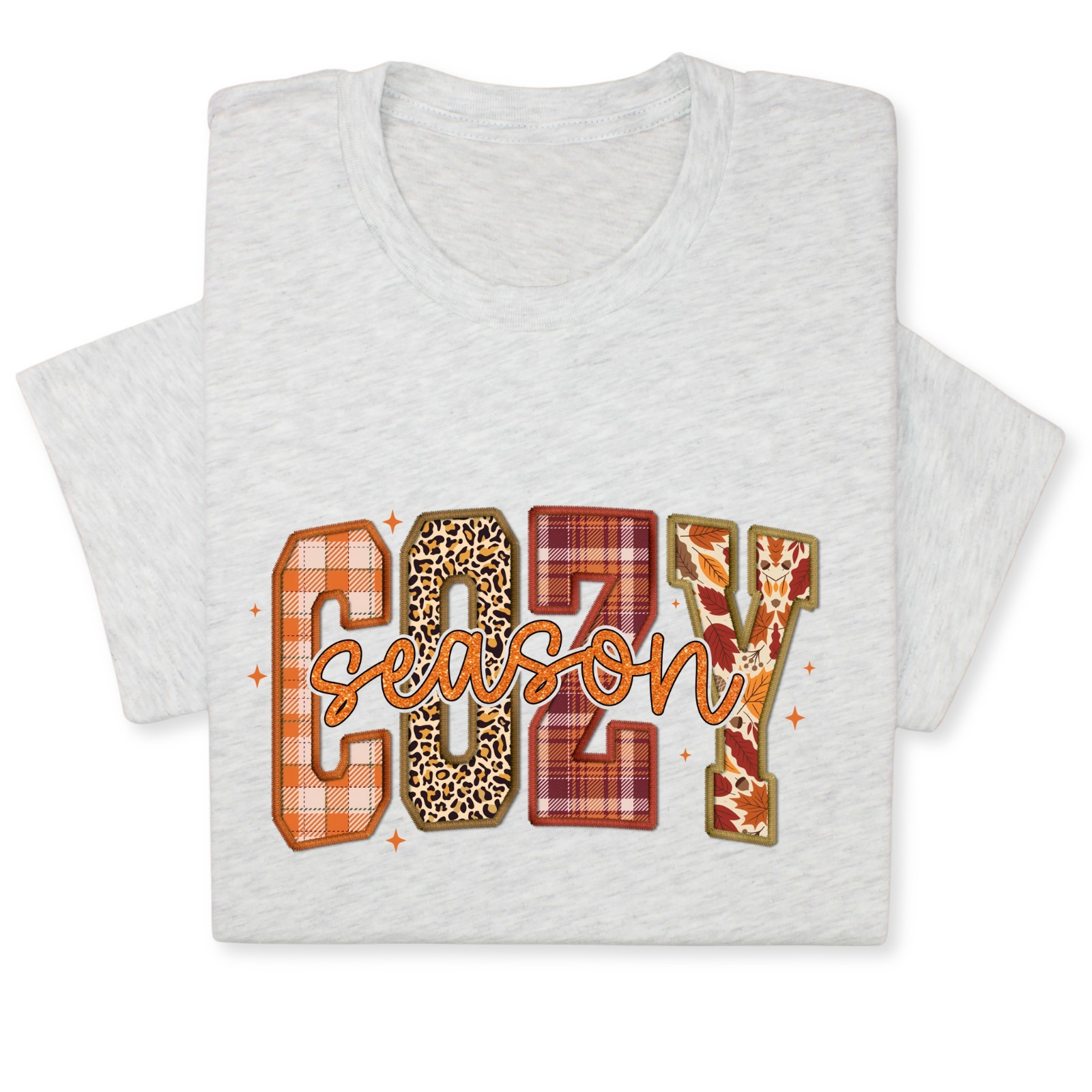 Cozy Season Fall T-Shirt – Autumn Plaid & Leopard Patchwork Tee gallery