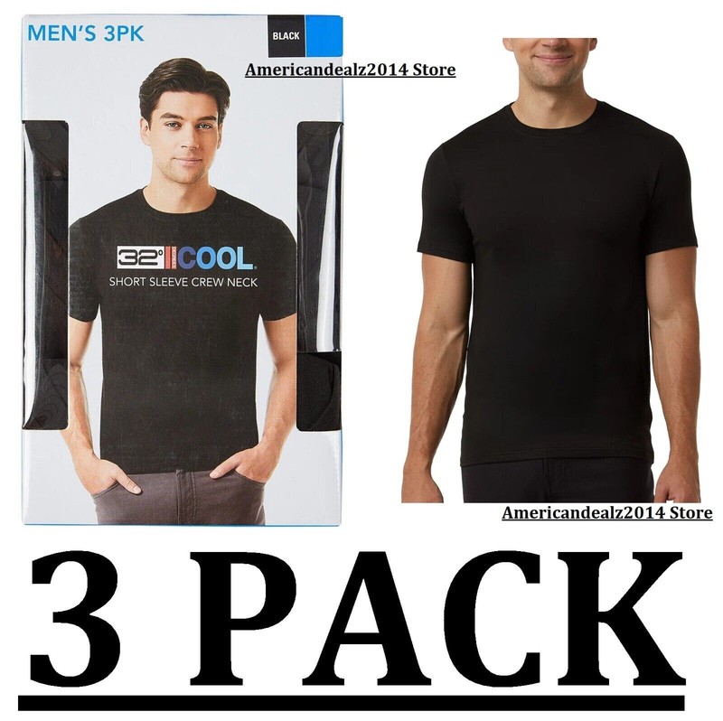 32 DEGREES COOL MEN’S  SHORT SLEEVE CREW NECK SHIRT 3 PACK BLACKS SIZE MALL