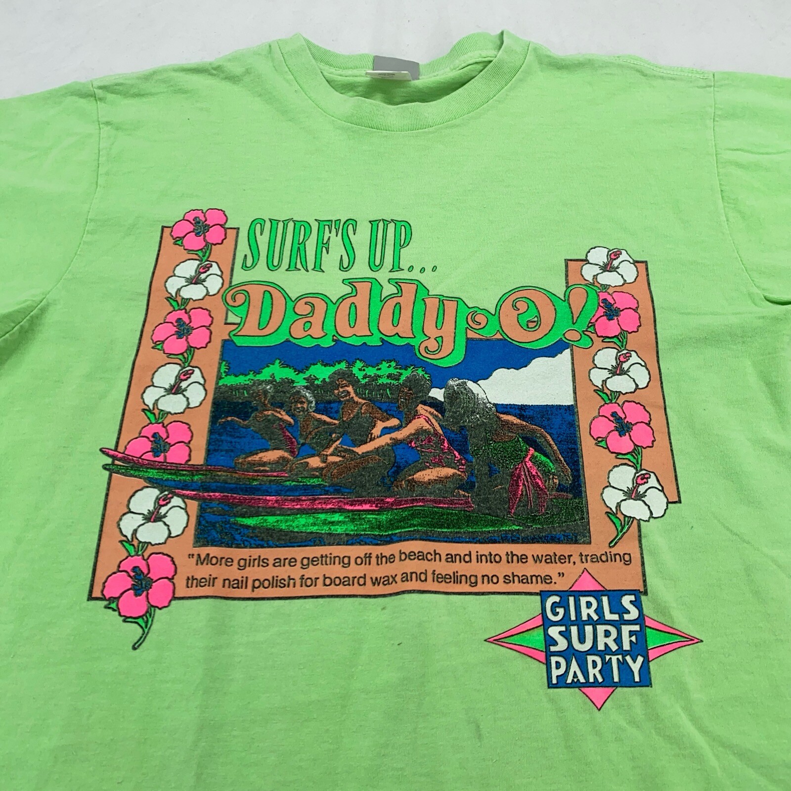 LONG LENGTH vtg 90s SURF’S UP DADDY-O GIRLS PARTY T-Shirt L beach neon hawaii