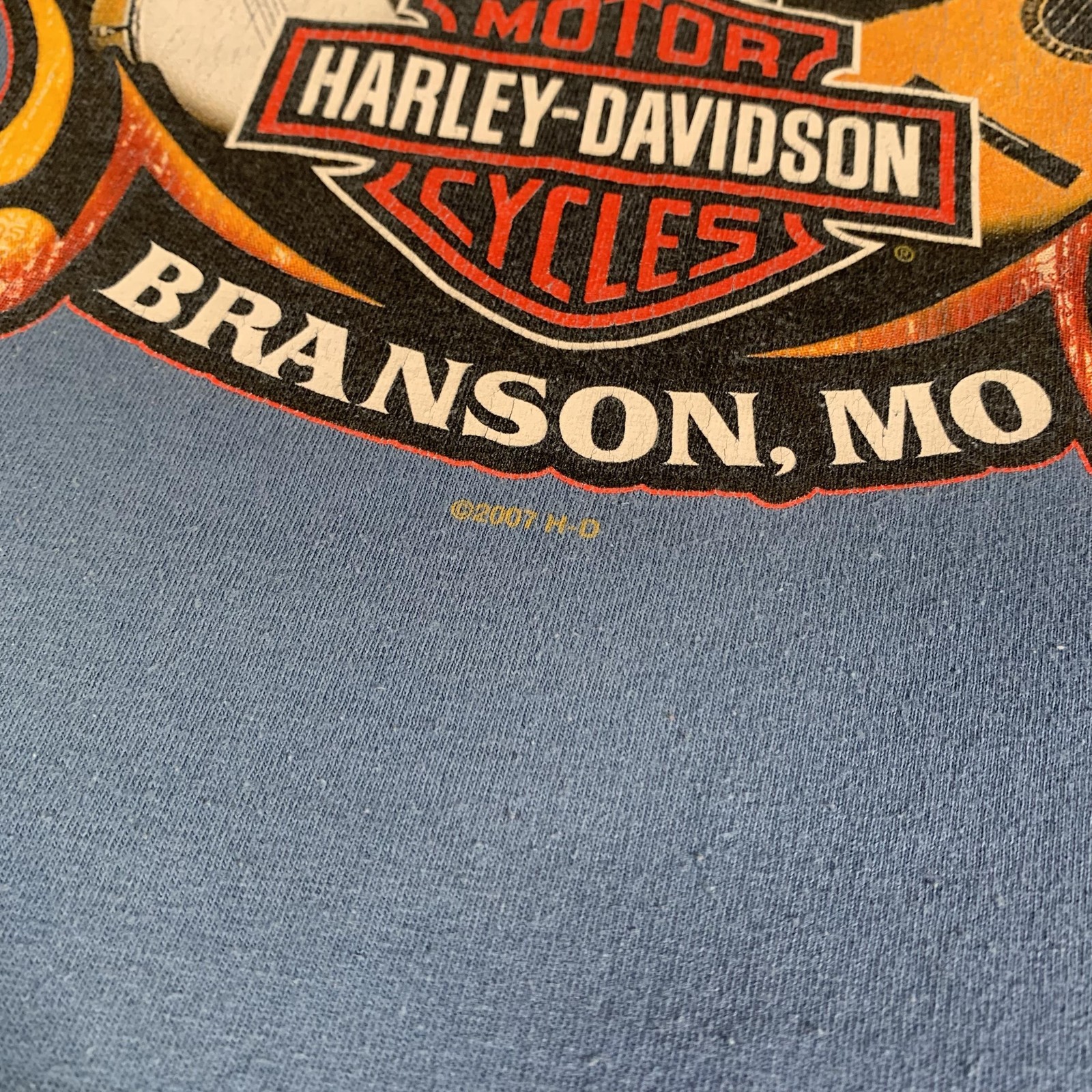 Harley Davidson Shirt Mens XL Blue Denney's Branson Missouri Pocket Graphic FLAW gallery